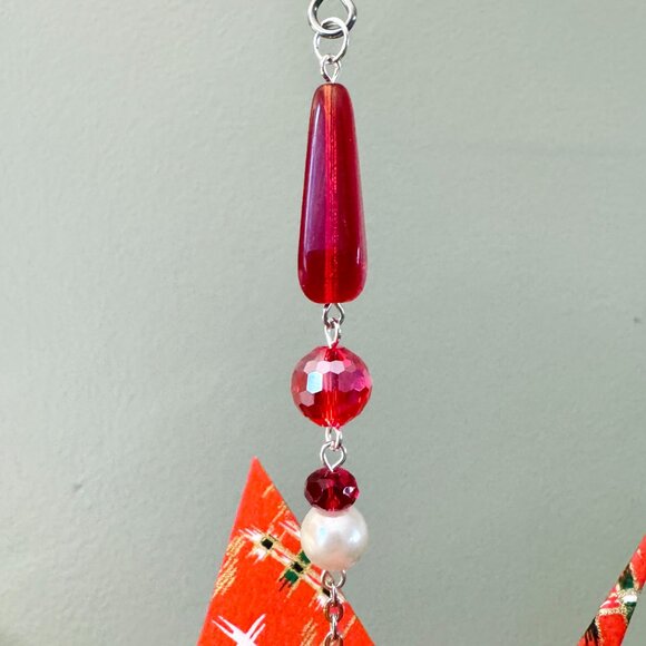 Origami Holiday Ornament #2330 - Large Crane with Handmade Paper & Enamel Santa - Picture 3 of 7